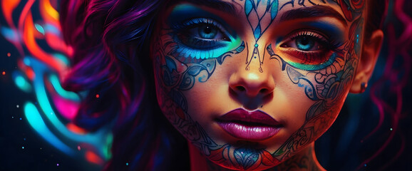 Fototapeta premium A glowing colorful tattooed female face.