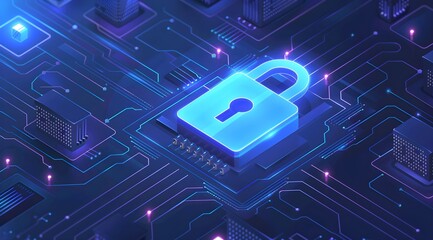 vivid blue digital lock icon overlays an intricate electronic circuit board, symbolizing advanced security and data protection technology