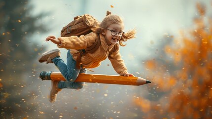 Happy cute industrious child flying on the pencil on background of sunset sky. 