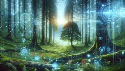 Photo real as Cybernetic Forest Glade A glade in a cybernetic forest represents networked ecosystems in digital abstract landscape backdrop