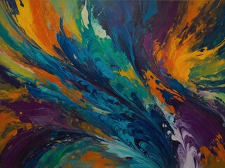 Vibrant explosion of colors dominates canvas, where swirls of paint create dynamic, fluid motion that captivates viewer. Bold strokes of yellow, orange, red clash, meld with cool tones of blue.