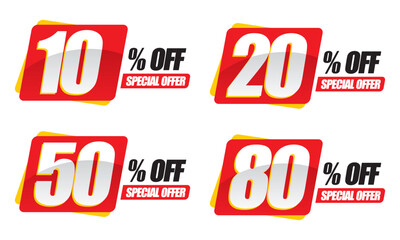 Special offer discount label with varying sale percentage. 10, 20, 50, 80 percent off. Promotion design - vector illustration isolated on white background