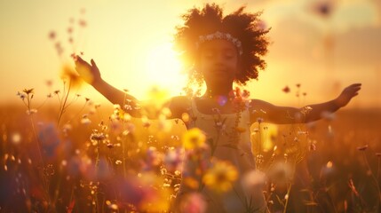 Obraz na płótnie Canvas A young girl with her afro adorned with wildflowers, dancing gracefully in a field at sunset.