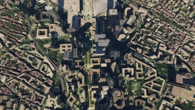 Top aerial view of La Defense in the city of Paris. France