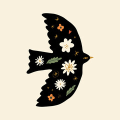 Obraz premium Ornate folk bird trendy cute vector postcard composition, spring holiday botanical elements. Good for cards, flyer, leaflet, product label, social networks and more. Easter or other holiday art