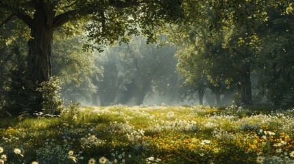 Tranquil Woodland Glade Bathed in Dappled Sunlight Invites Weary Traveler to Pause and Embrace the Soothing Whispers of Nature - obrazy, fototapety, plakaty
