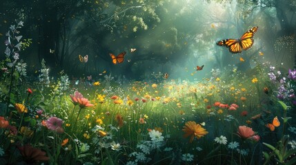 Fototapeta na wymiar Mystic Meadow at Dawn A Tranquil Landscape Alive with Fluttering Butterflies and Blooming Wildflowers