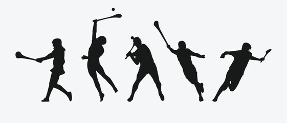 silhouette set of hurling sport. vector illustration. - obrazy, fototapety, plakaty