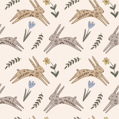 Cute woodland bunny rabbits seamless pattern template trendy cute vector ornate cloth wrapping composition with spring holiday childish cartoon wild animals elements, baby hare - 781330528