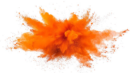 bright orange paint color powder festival explosion burst isolated white background.	