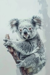 plush koala toy perched on a wooden branch - obrazy, fototapety, plakaty