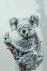 Fototapeten plush koala toy perched on a wooden branch © dashtik