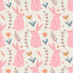Cute woodland bunny rabbits seamless pattern template trendy cute vector ornate cloth wrapping composition with spring holiday childish cartoon wild animals elements, baby hare - obrazy, fototapety, plakaty