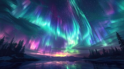 Breathtaking Display of Aurora Borealis Illuminating the Nighttime Landscape with Vibrant Colors and Celestial Majesty - obrazy, fototapety, plakaty