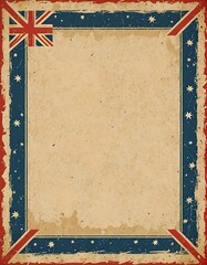 Australian flag motif frame border, Union Jack, UK, Commonwealth,  stars, on weathered paper