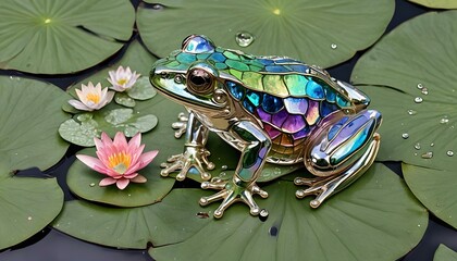 iridescent crystal frog on a lily pad