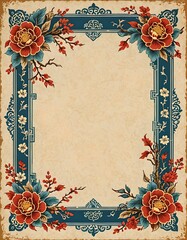ornate blue and red chinoiserie frame border on worn paper