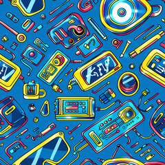 Retro Music Devices Illustration, Vivid Blue Background, Nostalgic Technology Theme