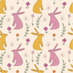 Cute woodland bunny rabbits seamless pattern template trendy cute vector ornate cloth wrapping composition with spring holiday childish cartoon wild animals elements, baby hare - 781330797
