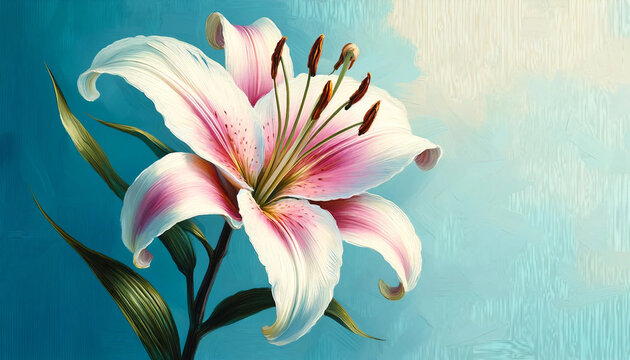 Oil painting lily on pastel blue background