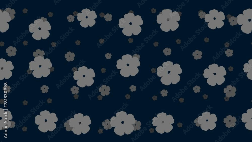 Poster geraniums float horizontally from left to right. parallax fly effect. floating symbols are located r
