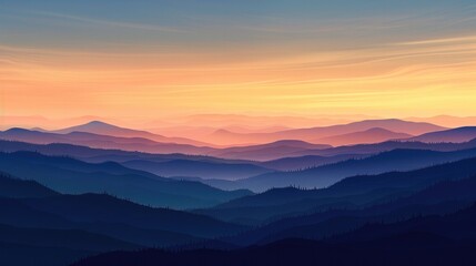 Serene Twilight Landscape with Distant Silhouetted Mountains Bathed in Warm Golden Glow