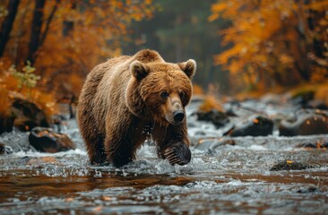 Obraz premium A majestic brown bear ambles through a river surrounded by the vibrant colors of autumn foliage