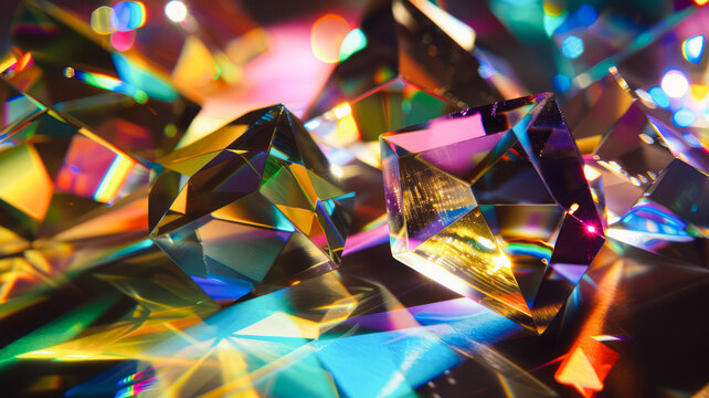 A dynamic display of geometric crystals with prismatic refraction of light, creating a kaleidoscope of vivid colors and exploring the interplay of light, color and transparency.