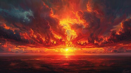 Crimson Cloudscape Painting the Sky with Dramatic Hues as the Sun Sets Over a Rugged Landscape - obrazy, fototapety, plakaty