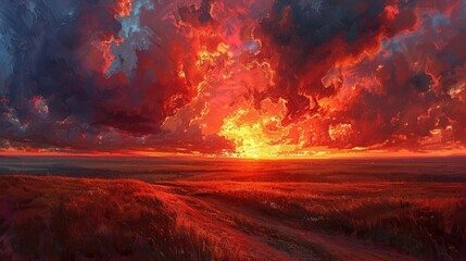 Crimson Cloudscape Painting the Sky with Fiery Hues Bathing the Rugged Landscape in Warm Glow - obrazy, fototapety, plakaty