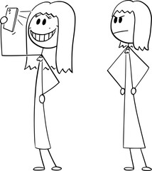 Woman taking selfie with phone,another angry woman is looking, vector cartoon stick figure or character illustration.