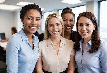 Fototapeta premium Group Photo of DEI Mixed Ethnic Woman in Professional Workplace Environment, Female Workforce Influence Making a Difference in Business and Economy
