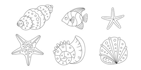 Line art coloring page. Coloring activity for children and adults. Cute fish, seashell, and seastar.  Vector doodle. - 781331580