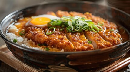 Comforting Katsudon Crispy Pork Cutlets Simmered in Savory Broth with Onions and Eggs Over Steaming Rice