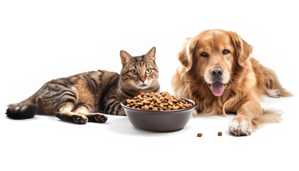 Cute dog and cat with bowls of food on white background. Banner for design