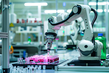 Robotic arm in lab adjusting components autonomously, decision-making based on real-time data without human commands. Sovereign AI-driven robotic arm operates without human input. Advanced automation.