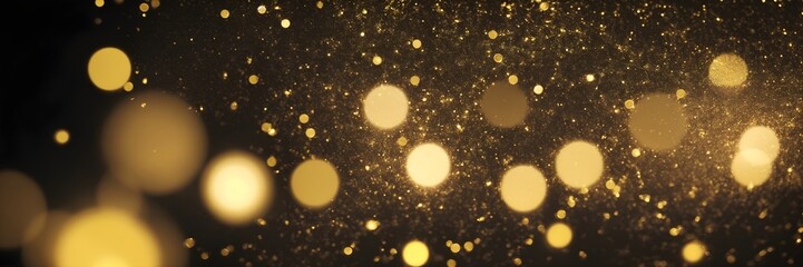 Abstract golden bokeh lights with glitter on a dark background banner.