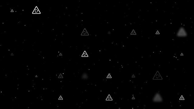 Template animation of evenly spaced roundabout signs of different sizes and opacity. Animation of transparency and size. Seamless looped 4k animation on black background with stars