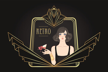 Art Deco vintage invitation template design with illustration of flapper girl over patterns and frames. Retro party background set in1920s style. Vector for glamour event, thematic wedding or jazz - 781333190