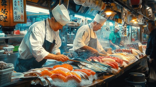 Skilled Chefs Slicing Sashimi with Precision at Bustling Tsukiji Fish Market in Tokyo Showcasing Freshness and