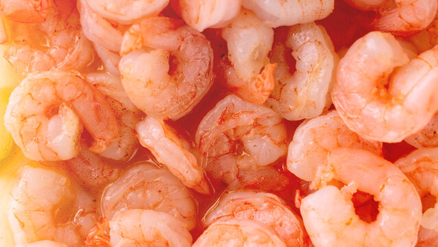 Peeled king prawns close-up, texture, macro photo, Cooked shrimp.