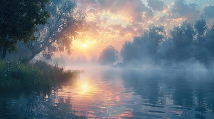 Serene Lakeside Landscape Bathed in Soft Dawn Light and Ethereal Mist - obrazy, fototapety, plakaty