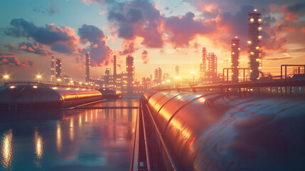 Oil and gas power plant refinery. oil production and petrochemical factory infrastructure. illustration banner with copy space.  - obrazy, fototapety, plakaty