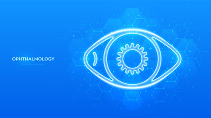 Eye icon. Ophthalmology. Vision eye care. Ophthalmologist consultation. Eye Exam. Laser Surgery. Choosing glasses. Molecular structure. Blue medical background with hexagons. Vector illustration.
