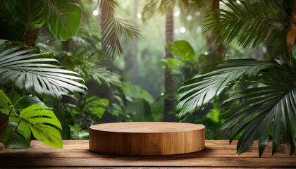 Wooden podium in the jungle. Platform for promotion products. - obrazy, fototapety, plakaty
