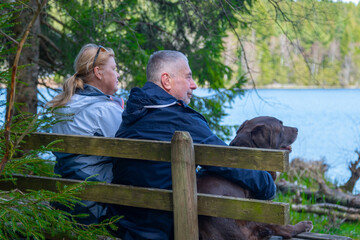 A couple of seniors with dog are sitting on the bench near the blue lake