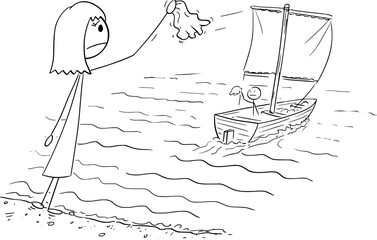 Boat sails away, woman waves and goodbye , vector cartoon stick figure or character illustration.