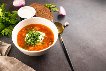 Ukrainian hot red borsch with sour cream in a white bowl.