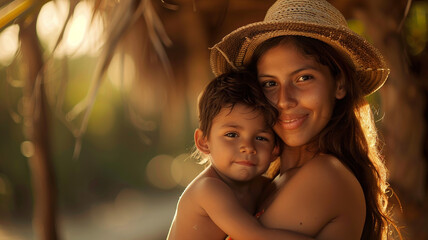 Happy Mother's Day. Ethnic mom in straw hat embracing her little son in nature. Nice family portrait