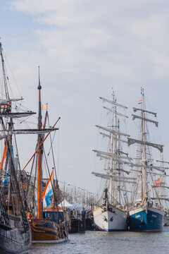 Kampen, The Netherlands - March 30, 2018: Sailing ships at the quay during Sail Kampen
